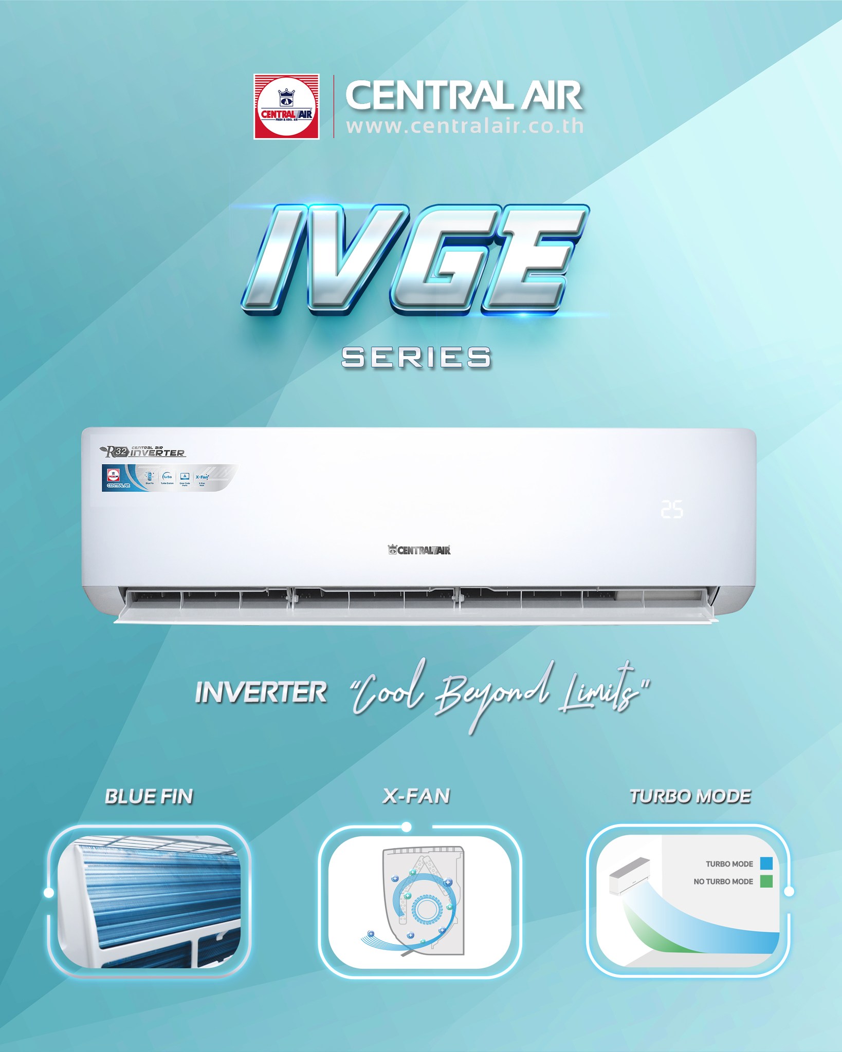 อร์ CENTRAL AIR INVERTER รุ่น IVGE SERIES แบบติดผนัง แอร์ใหม่ล่าสุด2025 น้ำยา R32 รับประกันอะไหล่ 5ปี คอมเพลสเซอร์ 10 ปี