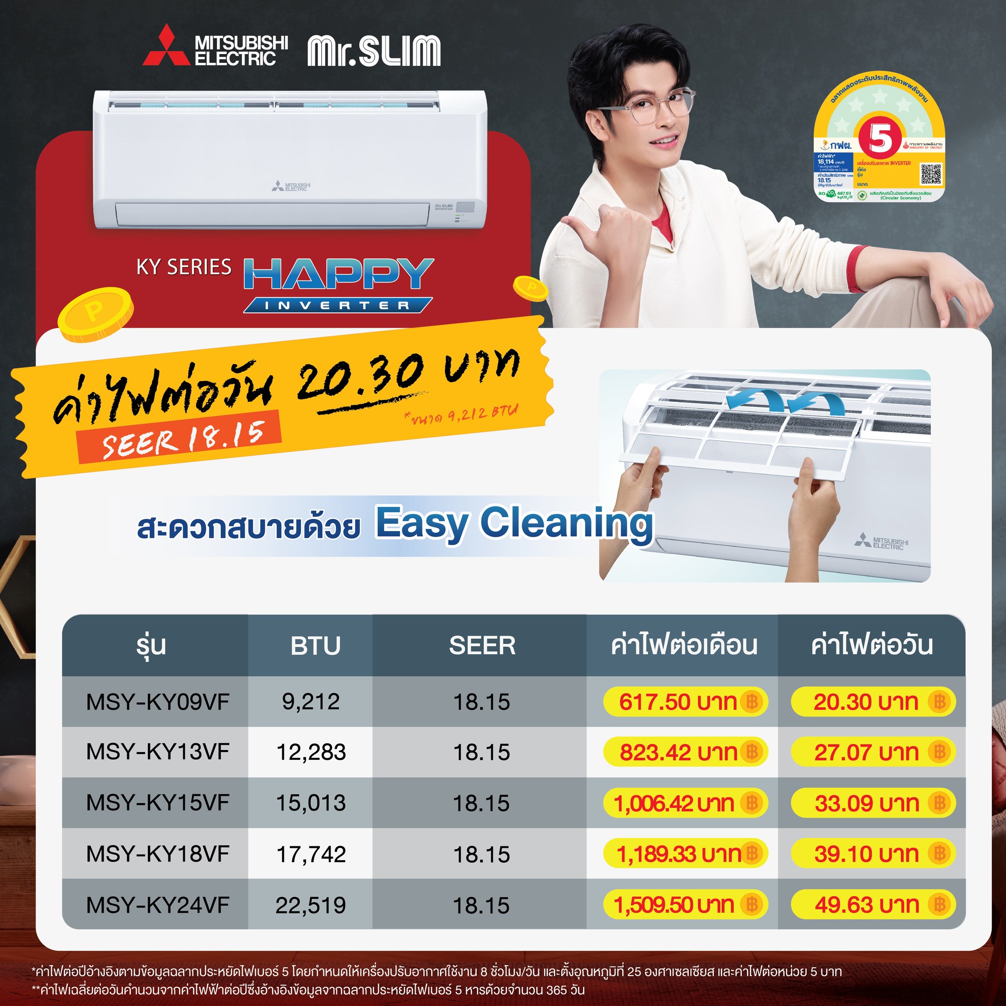 แอร์ MITSUBISHI HAPPY INVERTER รุ่น KY Series แอร์ใหม่ล่าสุดปี 2025 น้ำยาR32 รับประกันอะไหล่ 1 ปี คอมเพลสเซอร์ 5 ปี รับประกันราคาถูกที่สุดในเขตกรุงเทพฯ